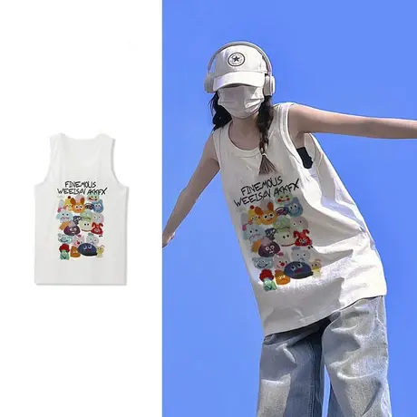 纯棉吊带运动坎肩背心无袖t恤女夏季外穿篮球服宽松港风挂脖上衣商品大图