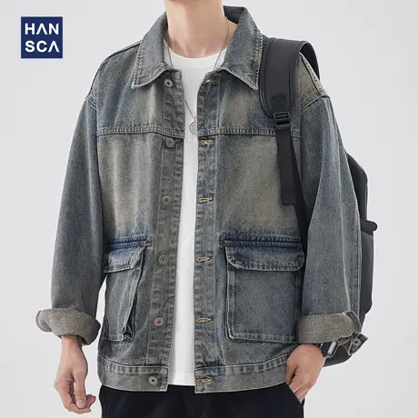 hansca春季男士牛仔外套新款宽松设计感痞帅休闲青少年工装夹克男图片