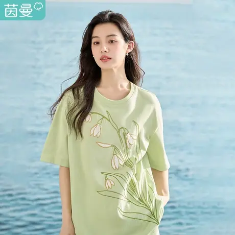 【商场同款】茵曼清新T恤2023夏女装新款绣花珠片圆领短袖上衣图片