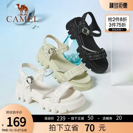 骆驼女鞋2023夏季新款一字带凉鞋女平底时尚粗跟沙滩凉鞋女ins潮商品大图