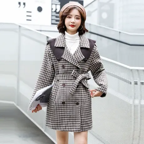 无披肩格子大衣毛秋冬季新款韩版休闲简约气质外翻领外套商品大图