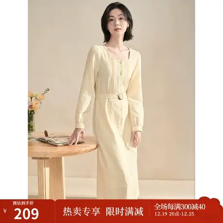 【商场同款】茵曼2023春女装新款时尚通勤提花肌理腰带方领连衣裙商品大图