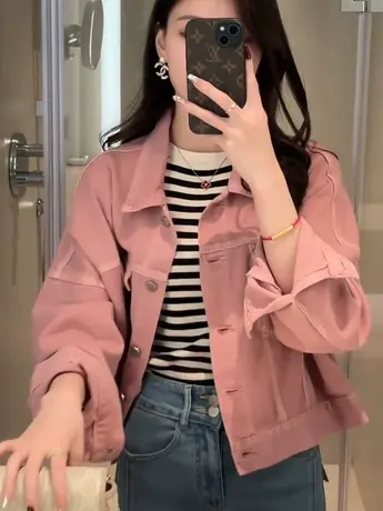小个子短款粉色牛仔外套女春秋新款设计感小众宽松百搭夹克衬衫女商品大图