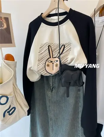 韩国新品 童趣呆萌小兔印花中长款直筒卫衣女秋冬内搭长袖t恤上衣图片