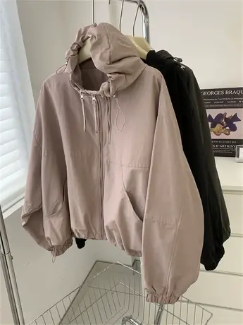 BF原宿风双拉链连帽冲锋衣外套女秋冬小个子宽松百搭加厚夹克上衣商品大图