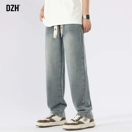 男士美式抽绳松紧腰牛仔裤男款秋季潮牌痞帅直筒宽松裤子2023新款商品大图