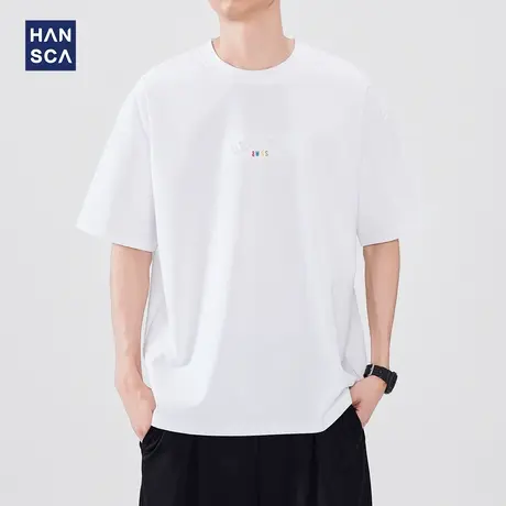 hansca 日系简约白色短袖t恤男2025夏季新款撞色潮牌刺绣休闲上衣商品大图