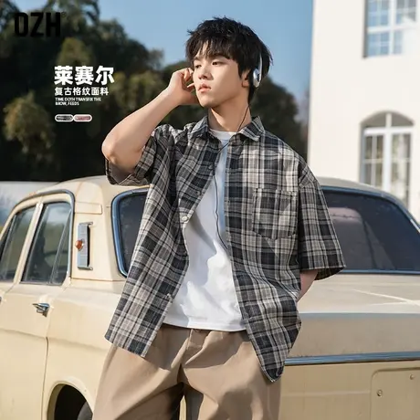 青少年莱赛尔格子衬衫男短袖夏季2025新款休闲半袖衬衣外套潮上衣商品大图
