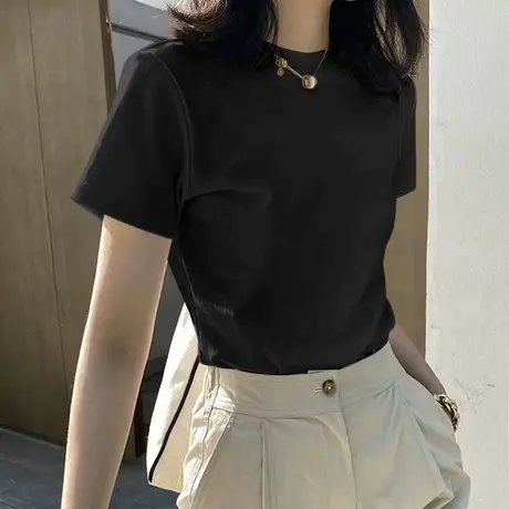 KMV真维斯黑色薄款正肩短袖t恤女2025新款夏季修身小个子紧身上衣商品大图