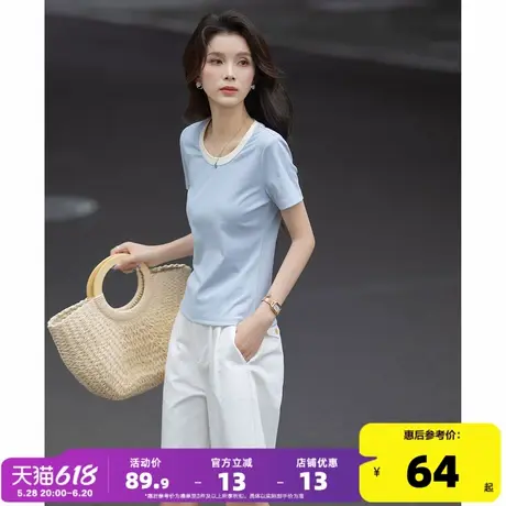 唐狮2025年夏季新款短袖女圆领撞边T恤休闲正肩超好看显瘦上衣商品大图