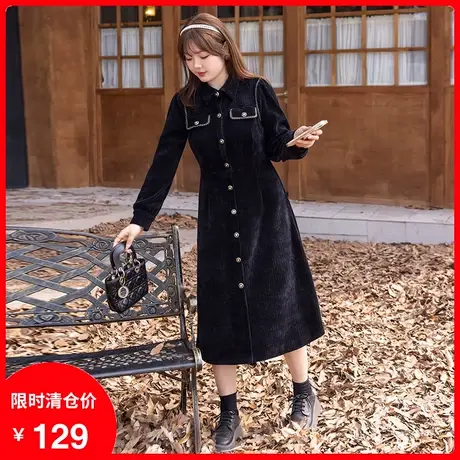 绮娑显瘦大码胖MM连衣裙2023年季新款翻领气质雪尼尔小黑裙长款商品大图