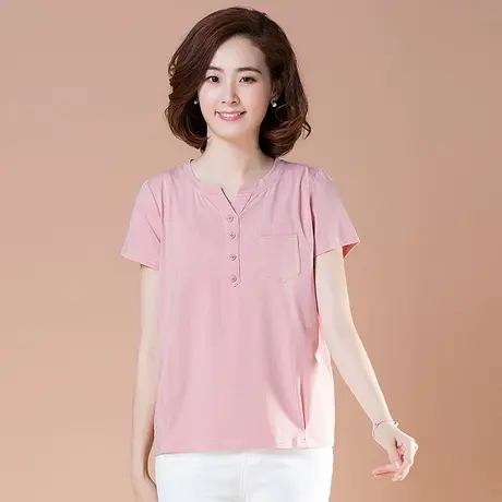 夏季加肥加大码女装宽松显瘦短袖T恤女全棉中年妈妈装体恤女纯色商品大图