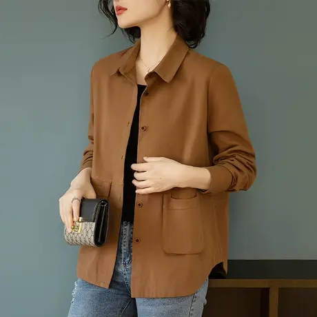 春秋新款休闲外套衬衫女加大码女装宽松中年妈妈翻领纯棉显瘦上衣商品大图
