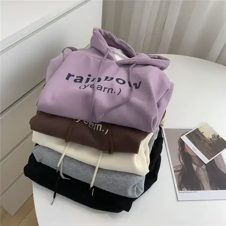 宽松韩版加绒连帽卫衣女2022秋冬加厚保暖时髦百搭BF风套头外套商品大图