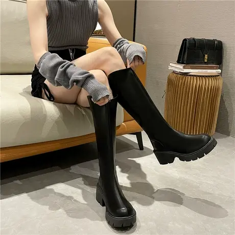 小个子长筒靴女秋冬季V口显瘦不过膝高跟厚底白色百搭高筒骑士靴商品大图