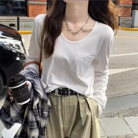 洋气减龄V领口袋长袖T恤女春秋季设计感小众宽松显瘦内搭打底上衣商品大图