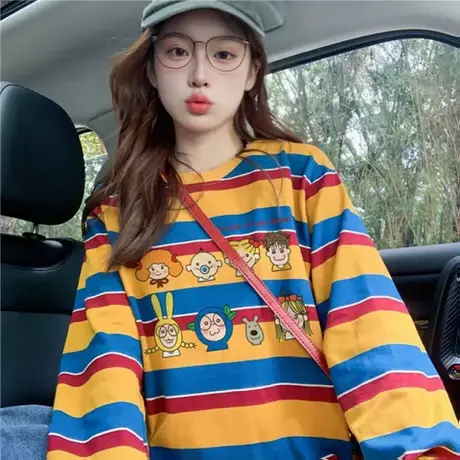 欧货潮牌卡通条纹长袖t恤女秋季2025新款宽松慵懒风小众情侣上衣商品大图