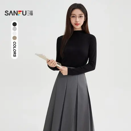 #三福长T恤2025冬季立领设计蕾丝拼接打底衫上衣女装504418图片