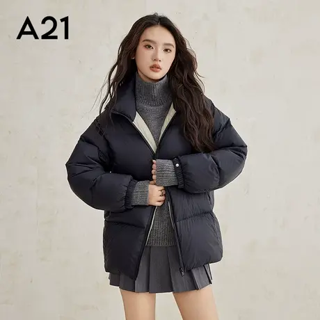 A21女装梭织宽松立领落肩开襟薄中长羽绒服休闲保暖纯色羽绒外套商品大图