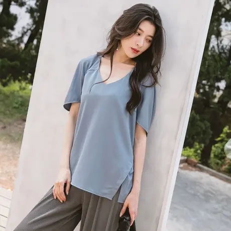 桔熊夏季通勤OL风纯色雪纺衫V领宽松开衩短袖上衣女大码AB15273图片