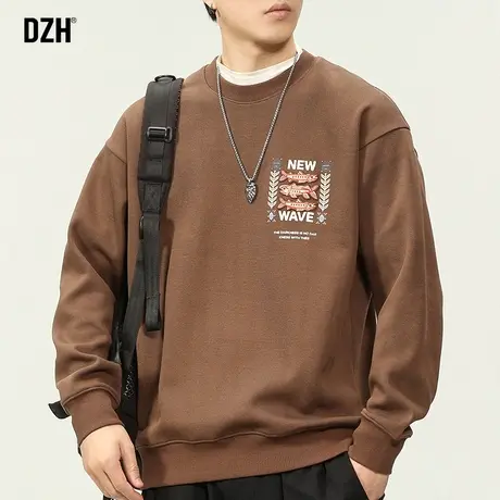 男士咖色圆领卫衣男春秋款无帽美式印花上衣重磅打底衫2023年新款商品大图