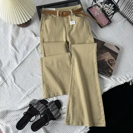 高级感卡其色休闲高腰微喇牛仔裤女2025秋季新款弹力紧身百搭喇叭商品大图