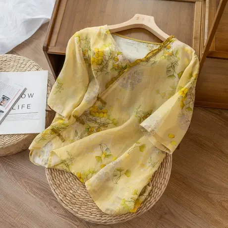 盘扣苎麻上衣文艺复古碎花设计感短袖棉麻T恤女薄款茶服2022新款图片