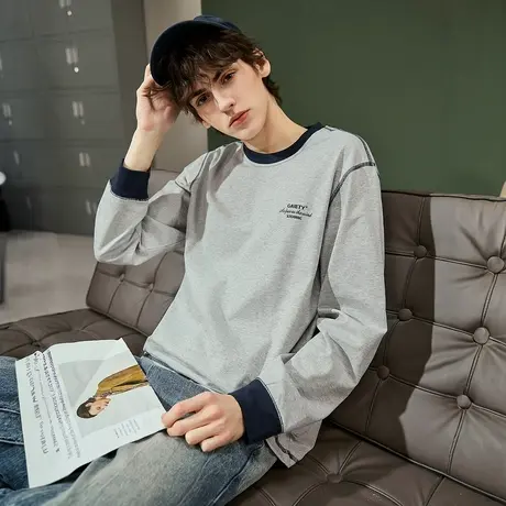 唐狮春秋季长袖T恤男拼接撞色设计感小众圆领简约慵懒休闲风TMTA图片