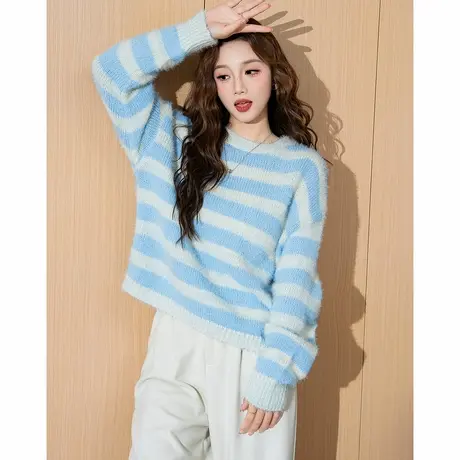 唐狮新款毛衣女圆领女圆领条纹拼接套头百搭休闲毛线衫毛衣TE图片