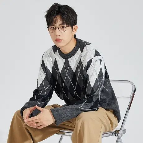 唐狮秋冬新款圆领男生毛衣复古菱形格提花慵懒风针织衫上衣潮TD图片