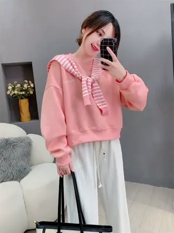 设计感披肩刺绣圆领卫衣女春秋2023年新款宽松洋气减龄小个子上衣图片