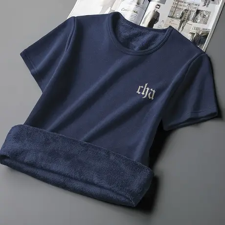 短袖t恤男士潮流修身圆领上衣服印花打底衫秋冬保暖加绒加厚半袖商品大图