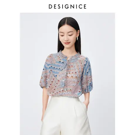 商场同款迪赛尼斯2023年夏季新款度假风衬衣宽松短袖碎花衬衫女商品大图