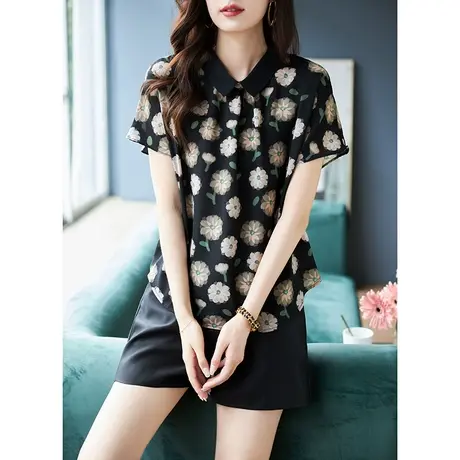 宝诗黎2023夏季新款短袖减龄套头衬衣女时尚翻领蝙蝠袖碎花雪纺衫商品大图