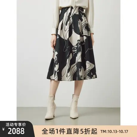 朗姿冬季新款羊毛高腰显瘦半身裙女印花a字女士裙子商场同款商品大图