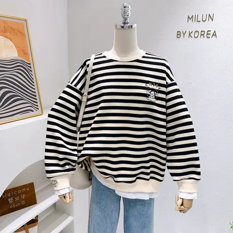 微胖显瘦~韩版ins学院风甜美条纹假两件加厚卫衣摇粒绒外套宽松商品大图