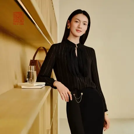 EP雅莹高端系列 真丝气质荷叶领金葱细纹衬衫 春装商场同款2313A商品大图