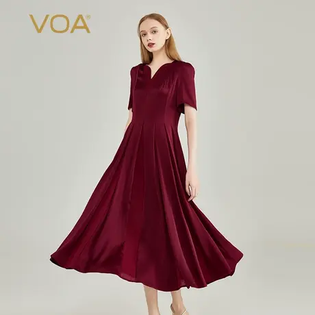 VOA40姆米真丝重磅酒红色双面缎短袖桃心领塔克褶乔其拼接大摆裙图片