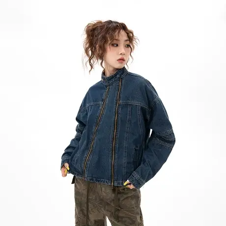 YEP设计感立领牛仔外套女春秋2023新款爆款复古宽松立领夹克上衣商品大图