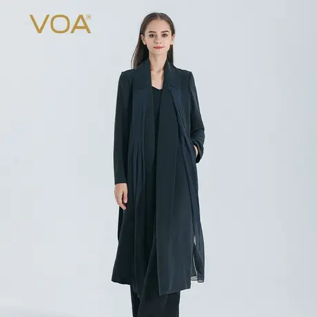 VOA藏蓝色40姆米重磅厚实桑蚕丝长袖侧插袋绑带宽松真丝风衣外套商品大图