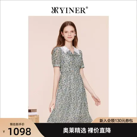 YINER音儿女装2023夏季新款撞色蕾丝翻领碎花收腰连衣裙图片