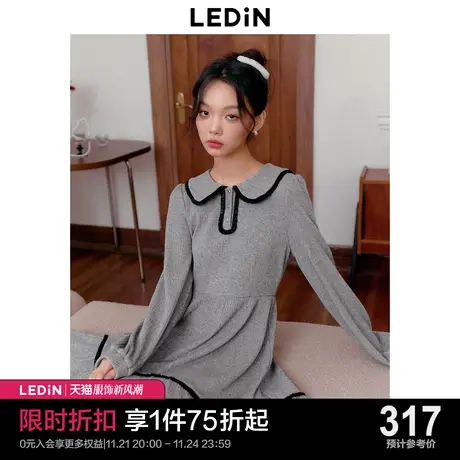 乐町少女感娃娃领连衣裙23年冬季新款肌理感针织裙遮肉显瘦长袖裙商品大图