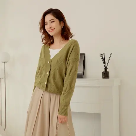 桔熊秋冬季复古温柔花边V领落肩针织衫保暖毛衣外套女大码FA2820商品大图