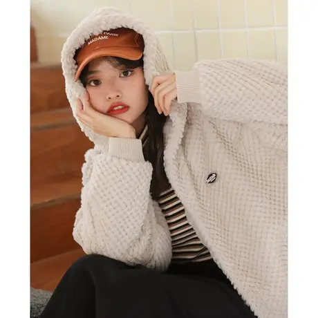 尔给开衫连帽保暖冬天毛绒外套女厚秋冬加绒oversize小众商品大图