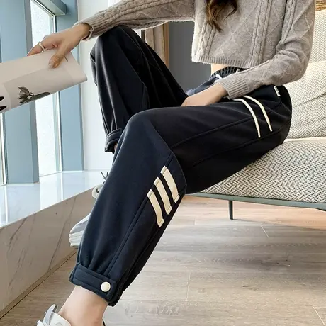 冬季加绒束脚运动裤女2024新款高腰显瘦小个子休闲卫裤防风哈伦裤商品大图