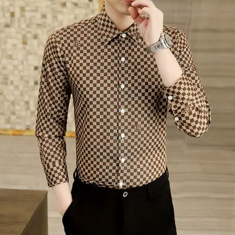 棋盘格子衬衫男士长袖潮牌春秋季高级感韩版休闲免烫男装百搭衬衣商品大图
