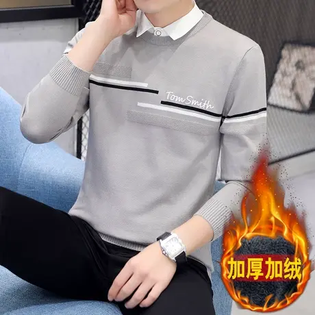 加绒加厚秋冬季假两件毛衣男士衬衫领针织衫潮流保暖衬衣领打底衫商品大图