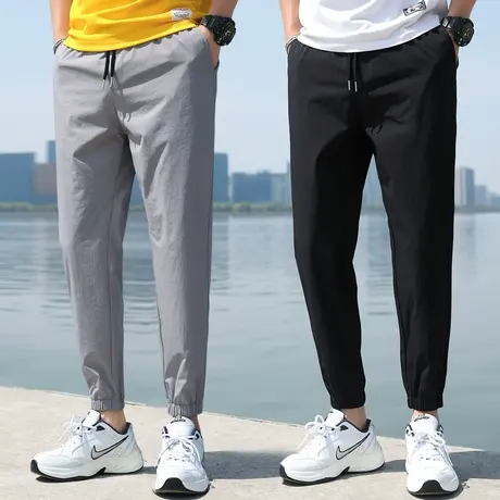 裤子男夏季薄款男款冰丝小脚潮流男士休闲裤宽松九分运动长裤潮牌商品大图