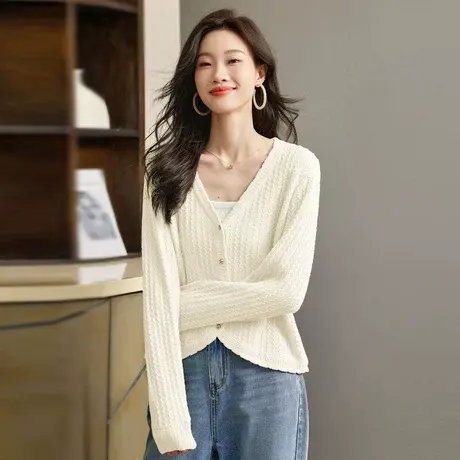 时尚气质毛衣2023年秋季新款女装纯色百搭温柔长袖v领针织开衫商品大图