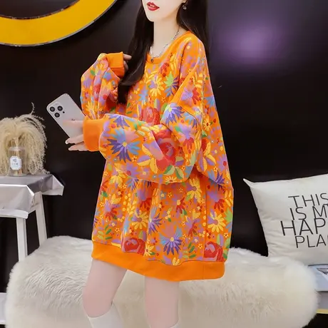 加绒加厚卫衣女中长款2024新款早春季宽松慵懒风百搭欧版大码上衣商品大图